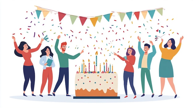 Photo happy people celebrating birthday party with cake corporate office team during holiday celebration banner with colleagues confetti flat graphic vector illustration isolated on white background