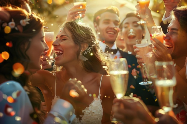 Happy people celebrating wedding party after bride