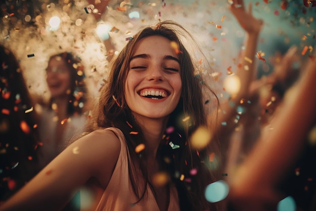 Photo happy people celebrating with confetti in the evening