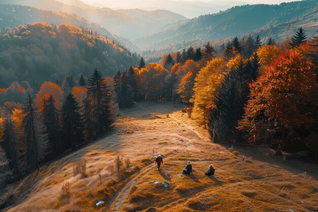 Photo happy people enjoying cozy mountain tours in autumn surrounded by colorful foliage