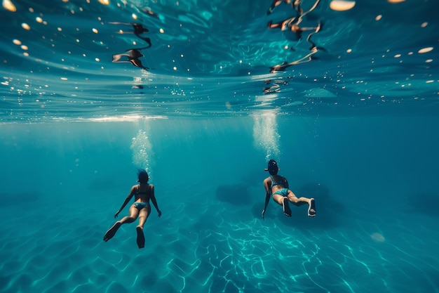 Happy people enjoying summer vacation swimming in the crystalclear blue sea