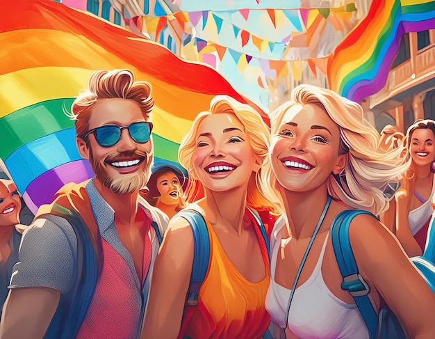 Happy people at gay pride parade Pride month celebration LGBTQ rainbow flag