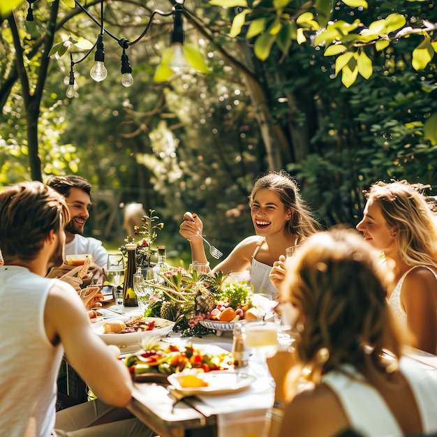 Happy people having lunch at a beautiful table in the garden Concept of youth lifestyle food