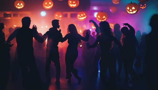 Photo happy people men and women mixed race dancing together on halloween party