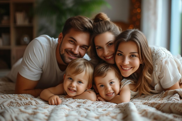 Happy people smiling parents play with their children cosy home interior