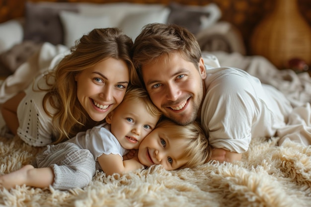 Happy people smiling parents play with their children cosy home interior