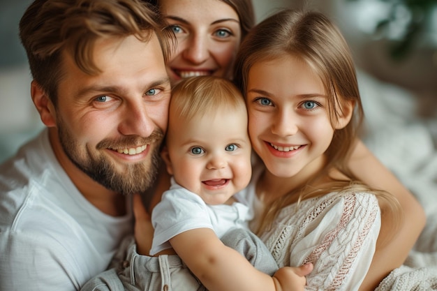 Happy people smiling parents with their children cosy home interior