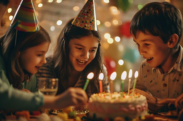 Happy people wearing birthday hat party Cheerful group of friends celebrating child birthday