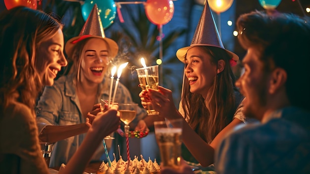 Happy people wearing birthday hat party Cheerful group of friends celebrating child birthday