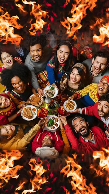 Happy people with burning bengal fires at festive table