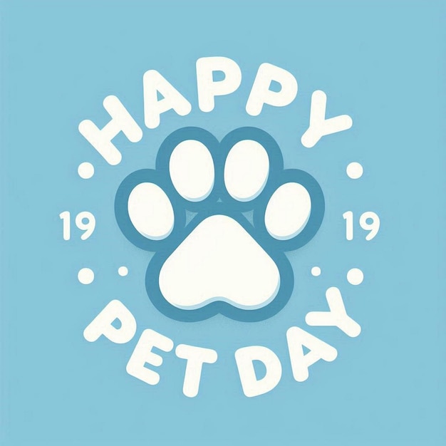 Happy Pet Day Paw on blue background with hand lettering Vector illustration