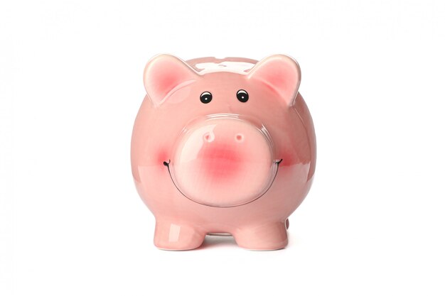 Happy piggy bank isolated on white background