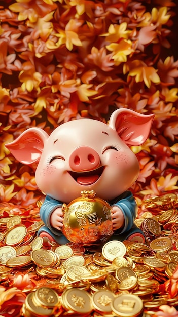 Happy Piglet Holding Gold Coin in a Pile of Coins