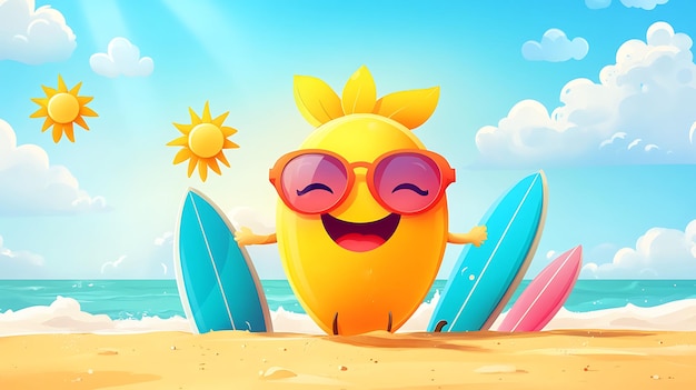 Happy Pineapple Character with Sunglasses Holding Surfboards on the Beach