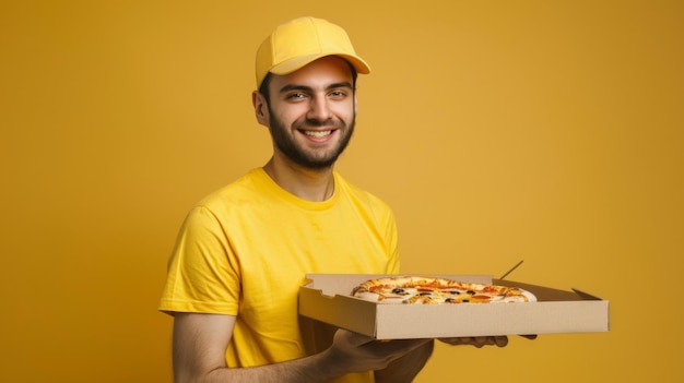 A happy pizza delivery man in a yellow uniform holds a pizza box standing against a matching yellow