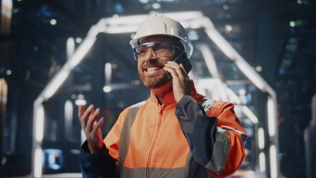 Happy plant technician calling telling about successful production work close up