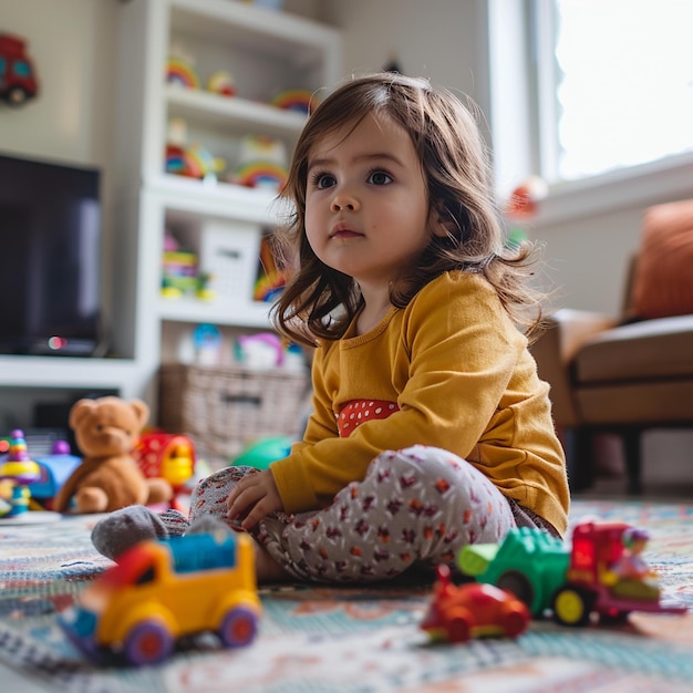 Happy Playtime Little Girl Enjoys Her Favorite Toys