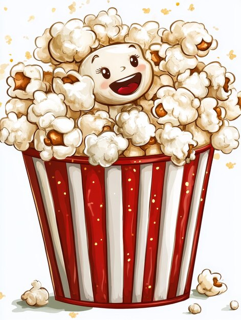 Photo happy popcorn cartoon in a red and white striped bucket