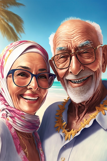 Happy portrait of arab pensioner couple in summer vacation at beach Generative AI illustration