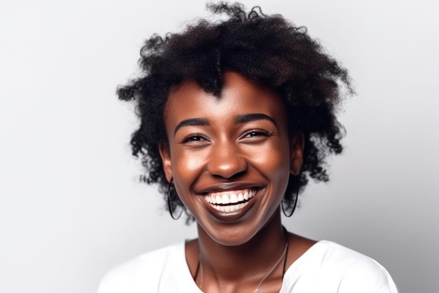 Happy portrait and black woman on a white background with smile cheerful and optimistic mindset