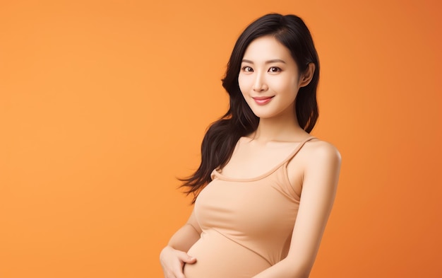 happy pregnant asian woman touching her belly