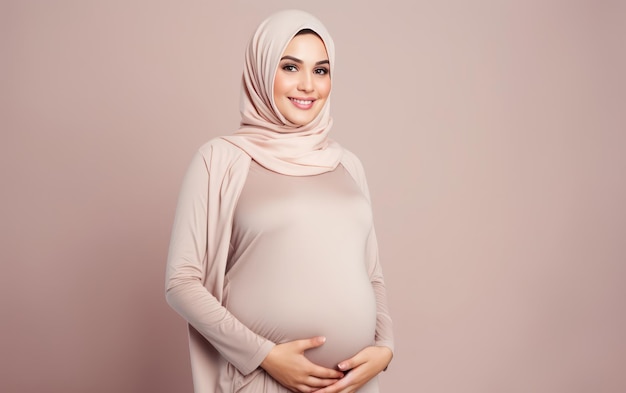 happy pregnant muslim woman touching her belly