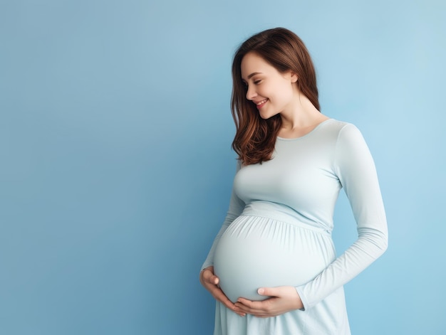 Happy pregnant woman touching her belly