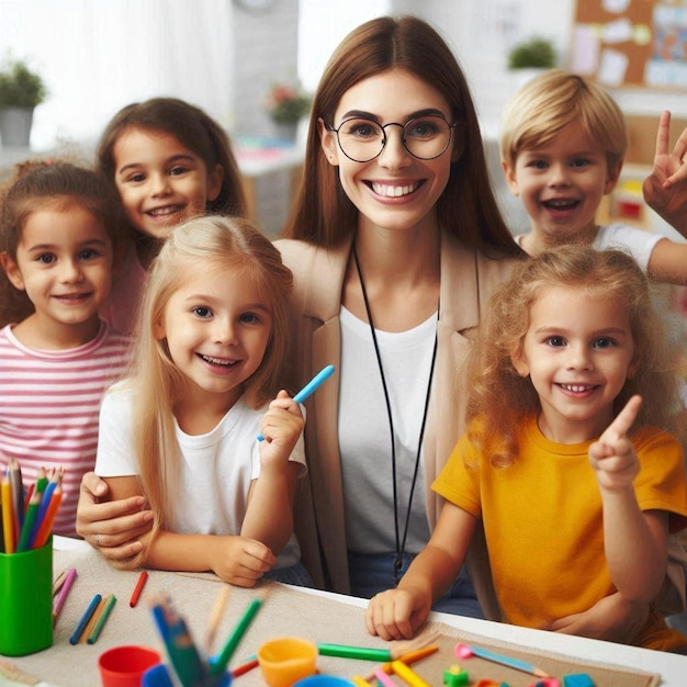 Photo happy preschoolers and their young teacher