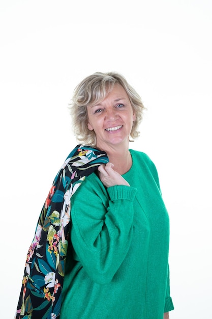 Happy pretty blond vest on shoulder cute mature woman senior confident smiling on white background