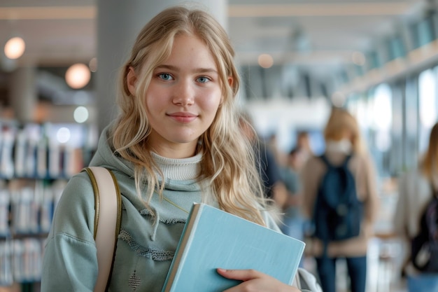 Happy pretty focused blonde girl student holding book looking at camera standing in modern university campus