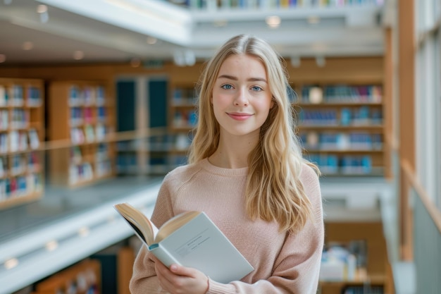 Happy pretty focused blonde girl student holding book looking at camera standing in modern university campus