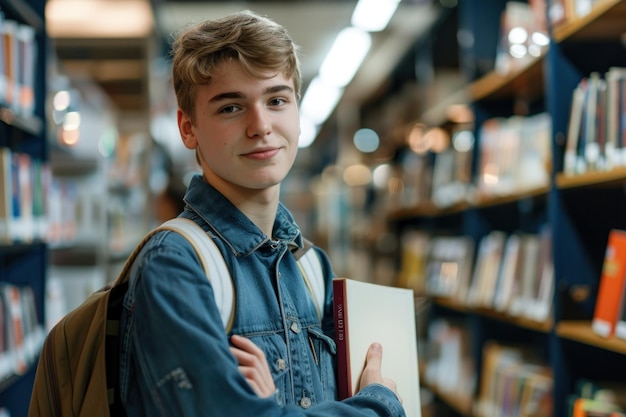 Happy pretty focused boy student holding book looking at camera standing in modern university campus library