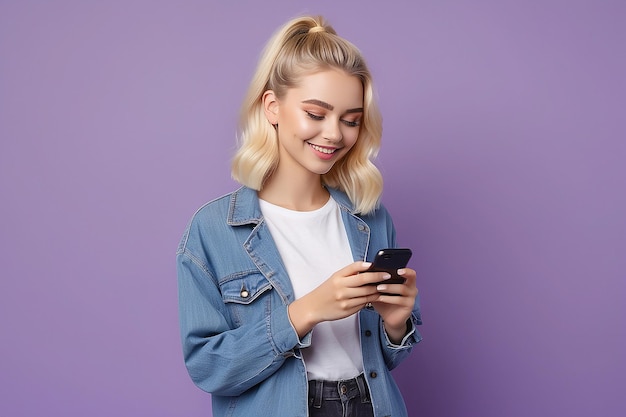 Photo happy pretty gen z blonde young woman model holding smartphone looking at cell texting message smiling girl using mobile apps on cell phone standing isolated on purple background with cellphone