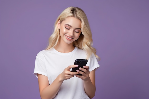 Photo happy pretty gen z blonde young woman model holding smartphone looking at cell texting message smiling girl using mobile apps on cell phone standing isolated on purple background with cellphone