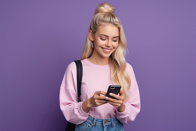 Photo happy pretty gen z blonde young woman model holding smartphone looking at cell texting message smiling girl using mobile apps on cell phone standing isolated on purple background with cellphone