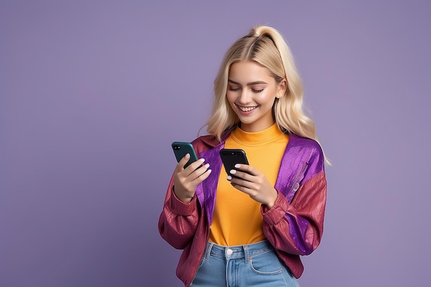 Photo happy pretty gen z blonde young woman model holding smartphone looking at cell texting message smiling girl using mobile apps on cell phone standing isolated on purple background with cellphone