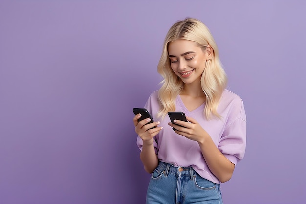 Happy pretty gen z blonde young woman model holding smartphone looking at cell texting message smiling girl using mobile apps on cell phone standing isolated on purple background with cellphone