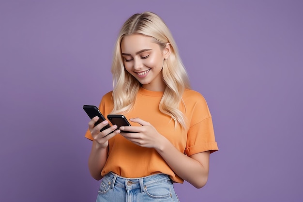 Happy pretty gen z blonde young woman model holding smartphone looking at cell texting message smiling girl using mobile apps on cell phone standing isolated on purple background with cellphone