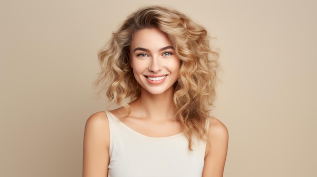 A happy Pretty smiling woman with blonde wavy hair looking at the camera on a light beige studio background Positive Emotions Joy Facial Expression concepts