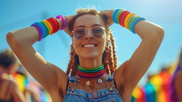 Happy Pride Month 2023 on bluesky and rainbow wristbands in hands background concept for