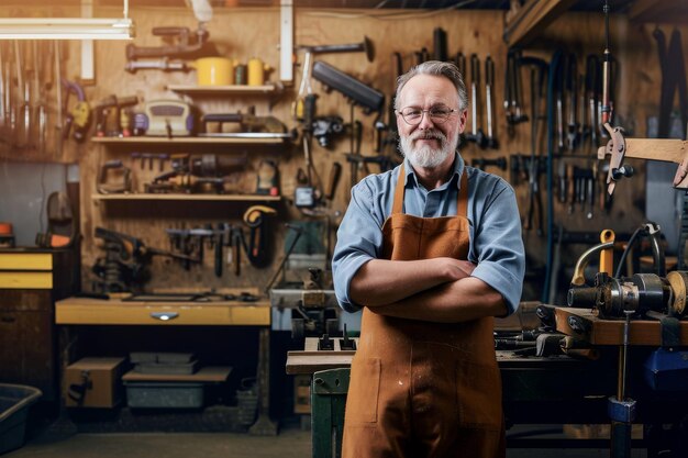 Photo happy professional craftsman standing in workshop with tools