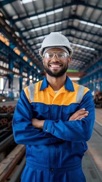 Happy Professional Heavy Industry Engineer Worker Wearing Uniform Glasses and Hard Hat in a Steel