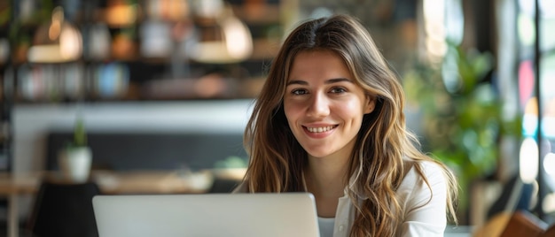 Happy professional woman using laptop in modern office looking at camera with confidence