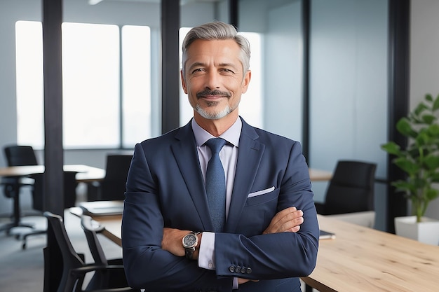 Happy proud mid aged mature professional business man ceo executive wearing suit standing in office arms crossed looking away thinking of success leadership corporate growth concept