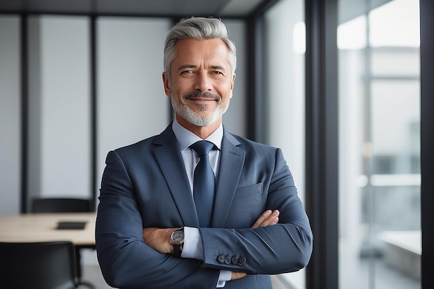 Happy proud mid aged mature professional business man ceo executive wearing suit standing in office arms crossed looking away thinking of success leadership corporate growth concept