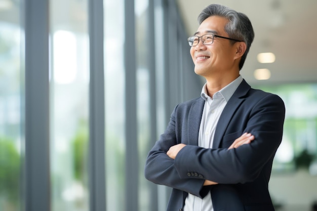 Happy proud prosperous mid aged mature professional Asian business man ceo executive wearing suit standing in office arms crossed looking away thinking of success leadership side profile view