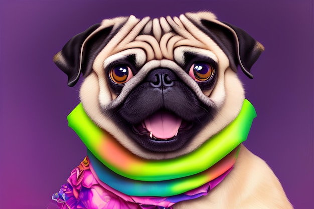 Happy pug in bright scarf on purple background Portrait of wrinkled dog with open mouth Generative AI