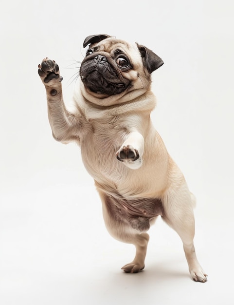 Happy pug running white background photo realistic