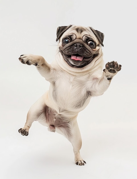 Happy pug running white background photo realistic