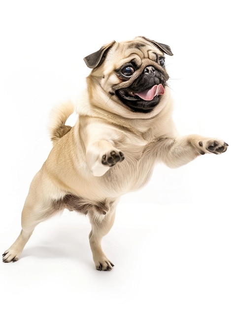 Happy pug running white background photo realistic